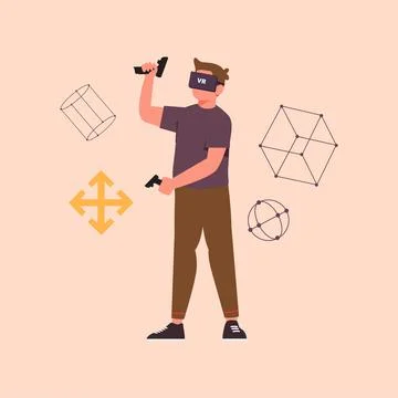 Young man standing with VR goggles and keep joysticks in hands as a gun. Colo 库存插图