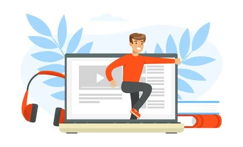 Young Man Stepping out of Computer Screen, Digital Detox Concept Cartoon Vector 스톡 일러스트