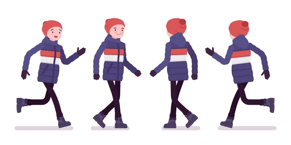 Young man in striped down jacket walking and running Stock Illustration