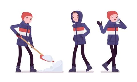 Young man in striped down jacket, outdoor activity Stock Illustration