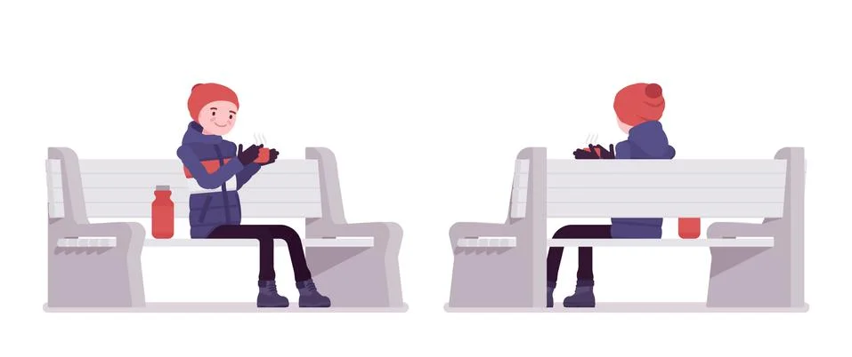 Young man in striped down jacket sitting on a bench Stock Illustration