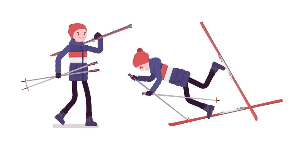 Young man in striped down jacket holding skis, falling off Stock Illustration