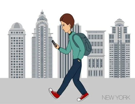 Young man strolling through the city with a mobile phone Stock Illustration