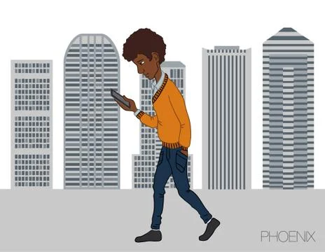 Young man strolling through the city with a mobile phone Stock Illustration