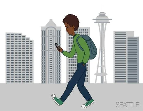 Young man strolling through the city with a mobile phone Stock Illustration