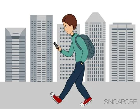 Young man strolling through the city with a mobile phone Stock Illustration