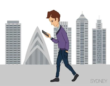 Young man strolling through the city with a mobile phone Stock Illustration