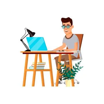 Young man student remote education on computer cartoon vector Stock-Illustration