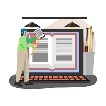 Young man, student with tablet studying mathematics at home, flat vector Stock Illustration