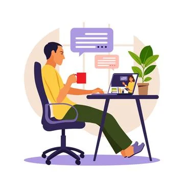 Young man study at computer. Online learning concept. Video lesson. Distance  Stockillustratie