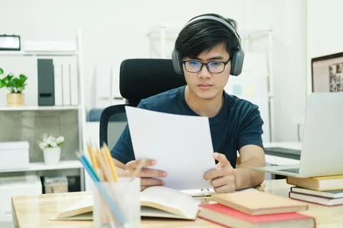 Young man study in front of the laptop computer at home Stock Illustration