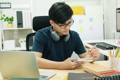 Young man study in front of the laptop computer at home Stock Illustration