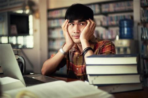 The young man is studying for knowledge in the library Stock Photos
