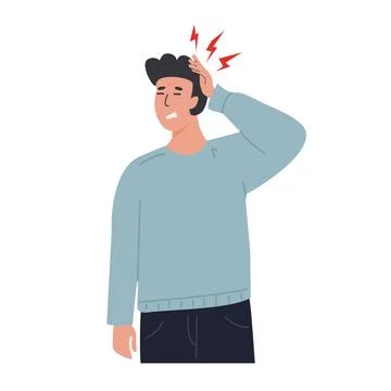 Young man suffering from a headache, touching his head with a pained expression Stock Illustration