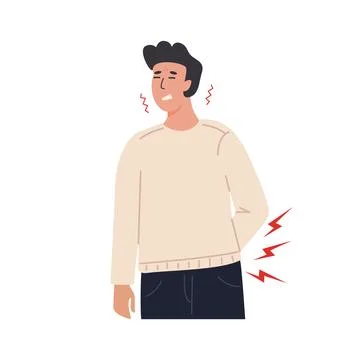 Young man suffering from lower back pain, holding his waist with a pained Stock-Illustration