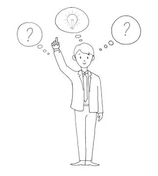 Young man in suit with speech balloons idea, question mark . 스톡 일러스트
