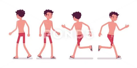 Young man in summer beach outfit, walking and running Stock Illustration