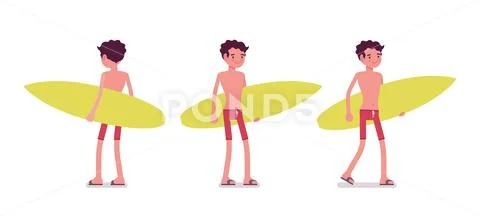 Young man in summer beach outfit with surfboard Stock Illustration