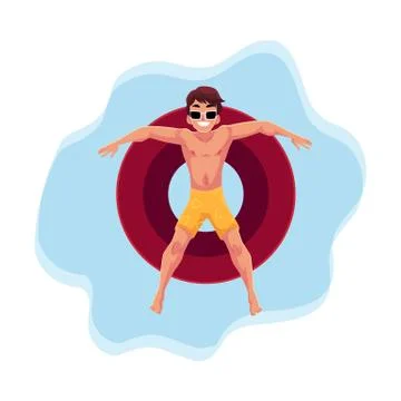 Young man in sunglasses on inflatable ring in star position 库存插图