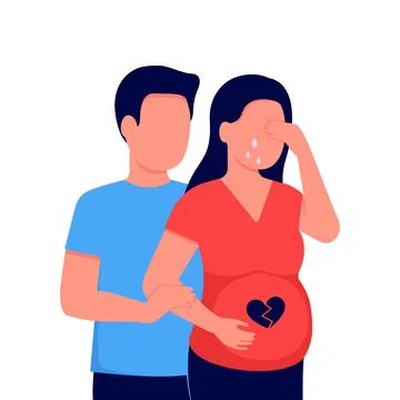Young man support crying pregnancy woman. Couple family in depressed, waiting Stock Illustration