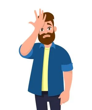 Young man surprised with hand on head for mistake, remember error. Forgot! Stock Illustration