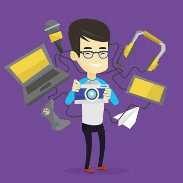 Young man surrounded with his gadgets Stock Illustration