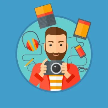 Young man surrounded with his gadgets. Stock Illustration