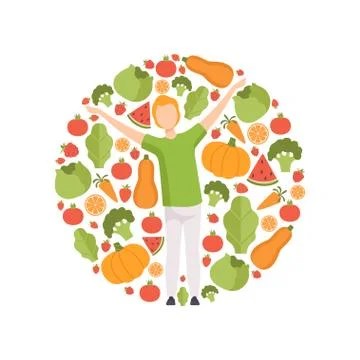 Young man surrounded by vegetables and fruits, healthy eating, diet, organic Stock Illustration