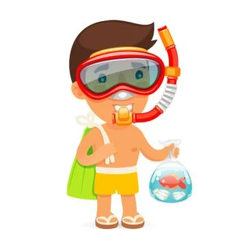 Young Man in Swim Mask Keeps Bag with Fish Stock Illustration