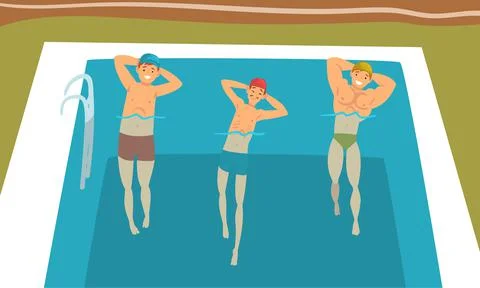 Young Man in Swimming Pool Doing Physical Exercise Vector Set Stock Illustration