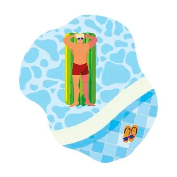 Young man with swimsuit and float mattress in pool Illustrazione stock