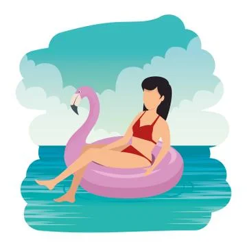 Young man with swimsuit and float donut in the sea Stock Illustration
