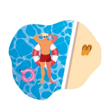 Young man with swimsuit and float lifeguard in water 库存插图