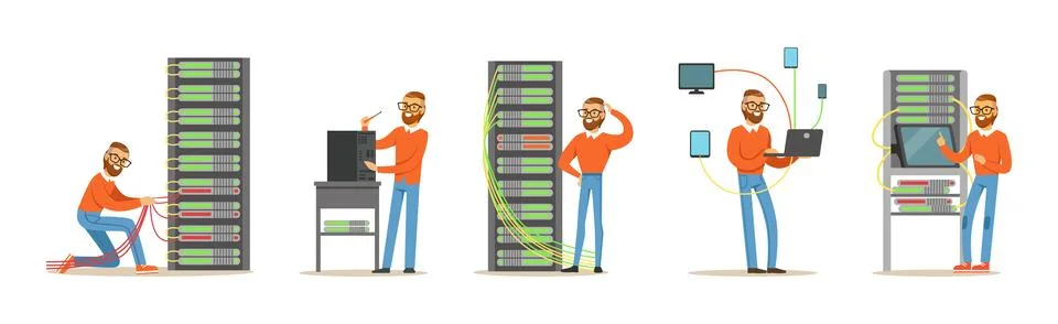 Young Man Sysadmin Character Working on Computer Doing Technical Work with Stock Illustration