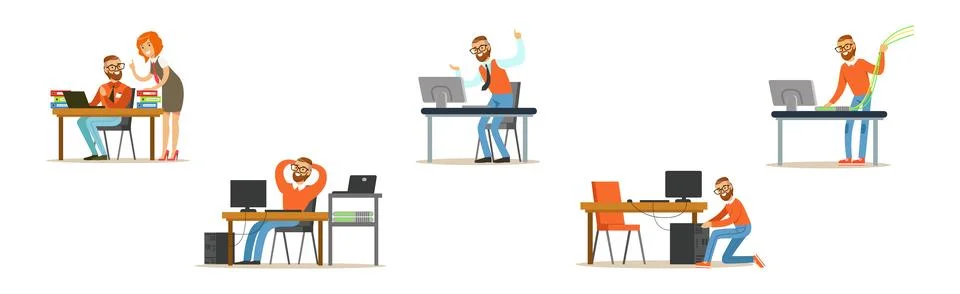 Young Man Sysadmin Character Working on Computer Doing Technical Work with Stock Illustration