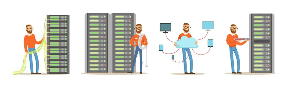 Young Man Sysadmin Character Working on Computer Doing Technical Work with Stock Illustration