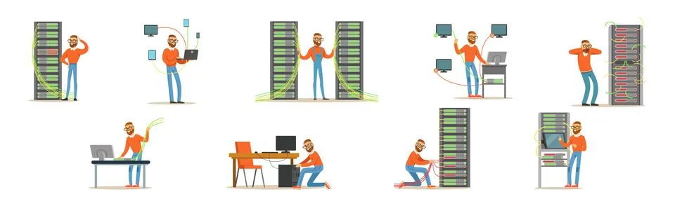 Young Man Sysadmin Character Working on Computer Doing Technical Work with Stock Illustration