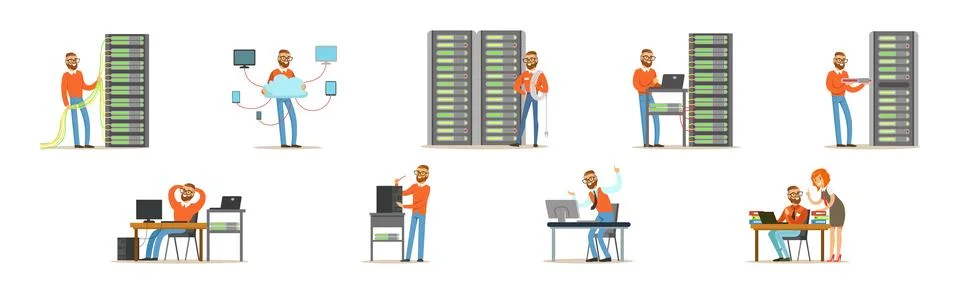 Young Man Sysadmin Character Working on Computer Doing Technical Work with Stock Illustration