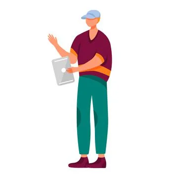 Young man with tablet flat vector illustration Stock Illustration