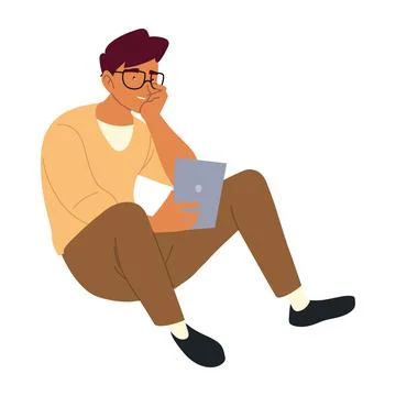 Young man with tablet on the floor, procrastination isolated design Stockillustratie