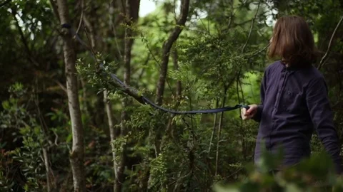 Young Man Takes Down His Hammock In The Woods, Slow Motion Stock Footage 78587167