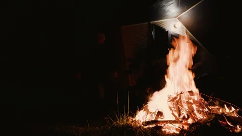 Young man taking care of the bonfire during the night while camping in the wild Stock Footage 111647052