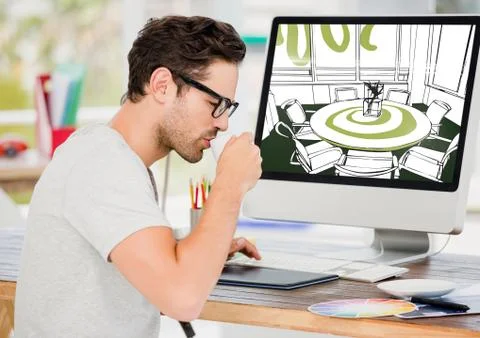 Young man taking coffee. Computer behind with new meeting room design lines. Stock Photos