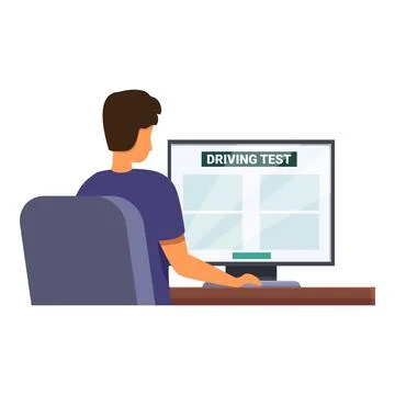 Young man taking driving test on computer at driving school 스톡 일러스트