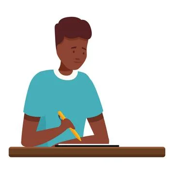 Young man taking notes and studying with pen and paper Stock Illustration
