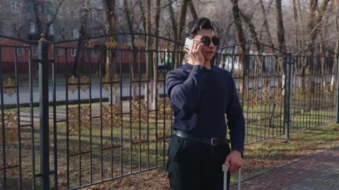 Young man talking on a mobile phone in a park Stock Footage 331460963