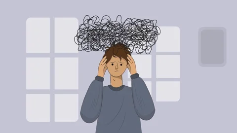 Young man with with a tangled cloud of intrusive thoughts Stock Footage 344888634