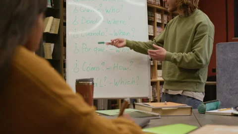 Young Man Teaching Adults Basic Question Words in Spanish in Library Video stock 323188267