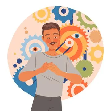 Young man with technical type of thinking. Human mental mindset, personality Illustrazione stock