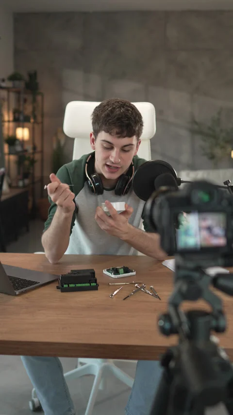 Young man technology blogger record video blog or v-log set up device Video stock 292563184